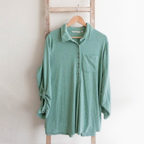 Soft Surroundings Take It Easy Tunic Top Size XL Green Collared Roll Tab Sleeves - Picture 1 of 7